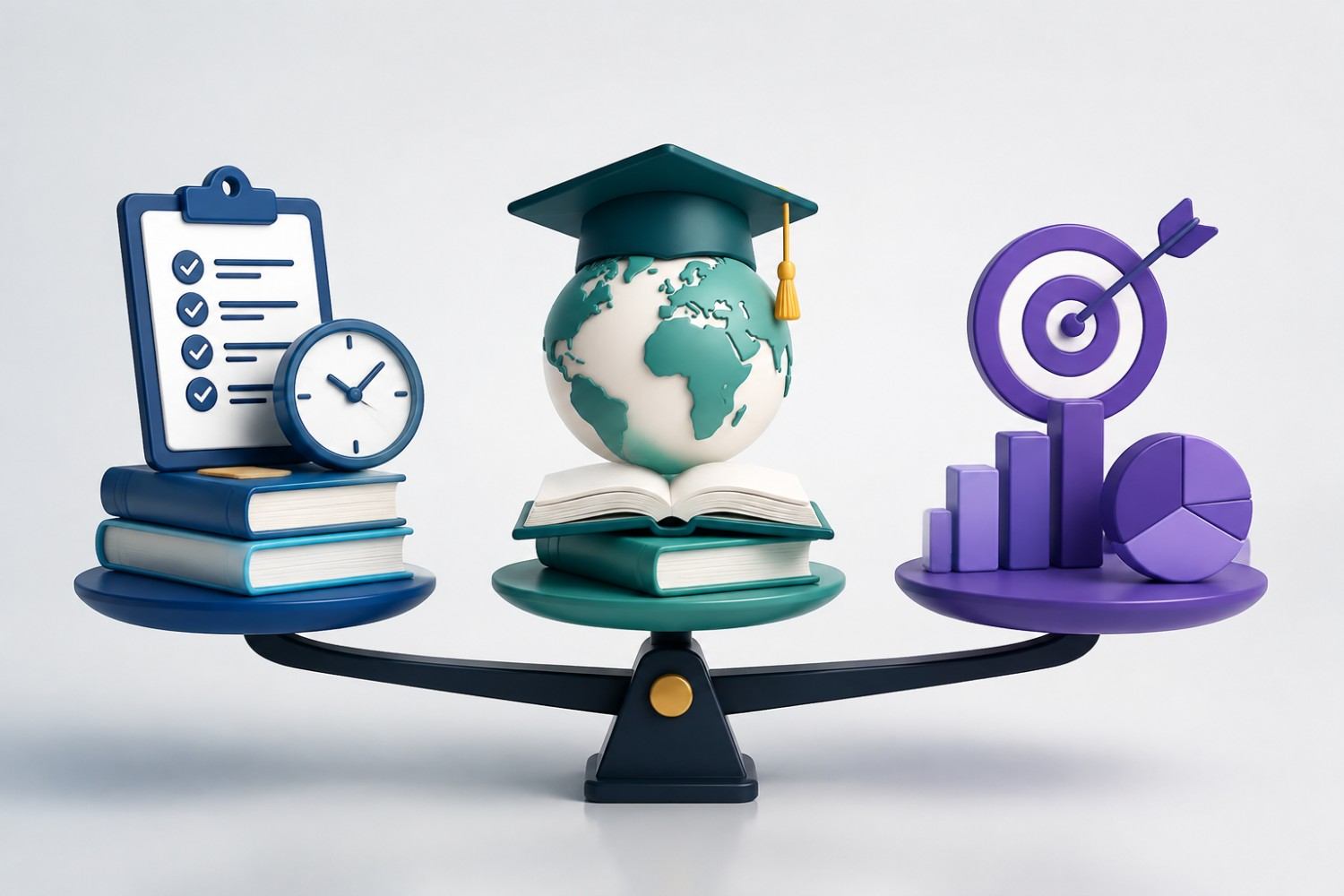 GMAT vs GRE vs CAT comparison concept featuring educational tools, graduation globe, study materials, analytics icons and decision-making elements for ESCP MiM applicants.